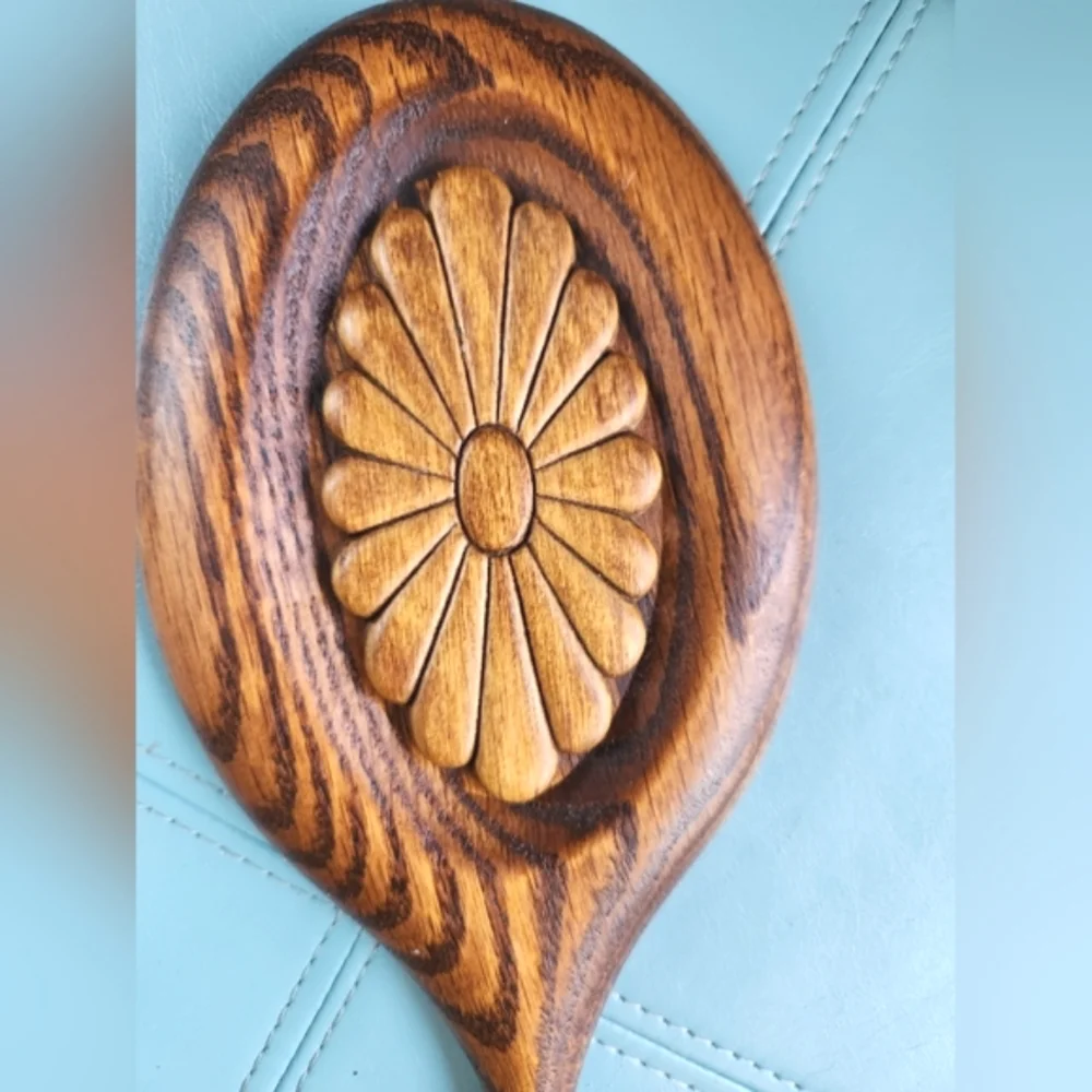 Prairie BEVELED Rich Brown Tiger Wood Oval Handle OOAK Carved Flower Hand Mirror